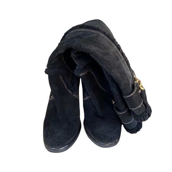 Coach Jonie Black Suede Shearling Tall Wedge Boot Embossed Monogram Size 7.5 GUC - Picture 6 of 11
